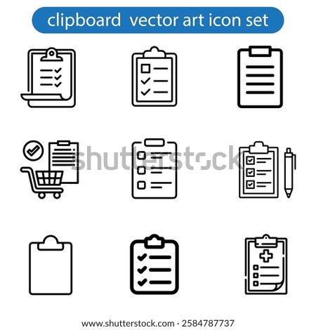 Collection of thin line icons with clipboard - check list, report, survey, questionnaire. Pixel perfect, editable stroke, vector art illustration on white background.