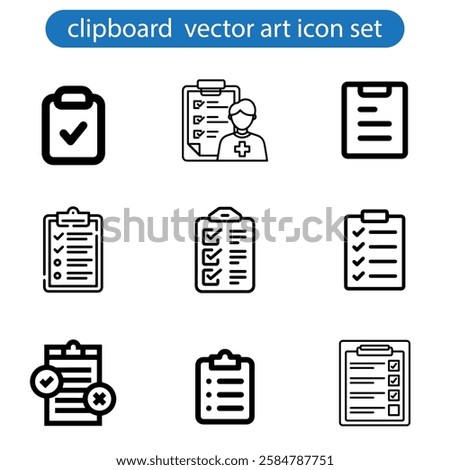 Collection of thin line icons with clipboard - check list, report, survey, questionnaire. Pixel perfect, editable stroke, vector art illustration on white background.