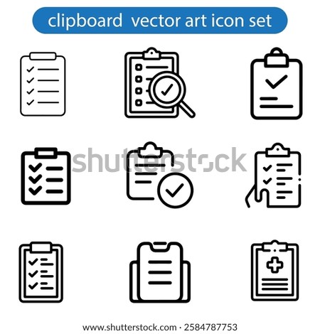 Collection of thin line icons with clipboard - check list, report, survey, questionnaire. Pixel perfect, editable stroke, vector art illustration on white background.