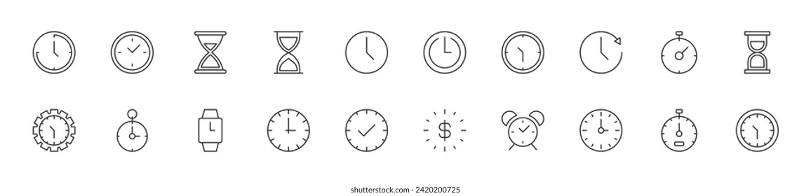 Collection of thin line icons of clock. Linear sign and editable stroke. Suitable for web sites, books, articles