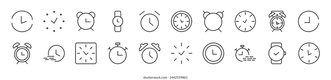 Collection of thin line icons of clock. Editable stroke. Simple linear illustration for web sites, newspapers, articles book 