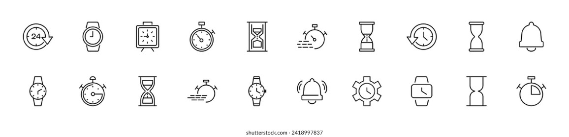 Collection of thin line icons of clocks, watch, timers, alarm clocks. Linear sign and editable stroke. Suitable for web sites, books, articles