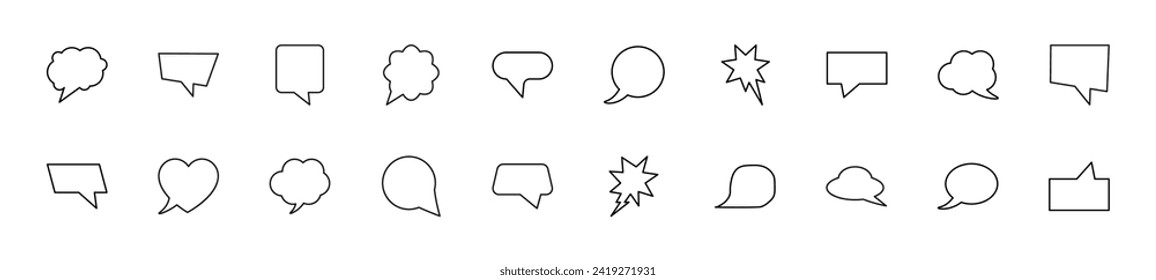 Collection of thin line icons of clous, square, star speech bubbles. Linear sign and editable stroke. Suitable for web sites, books, articles