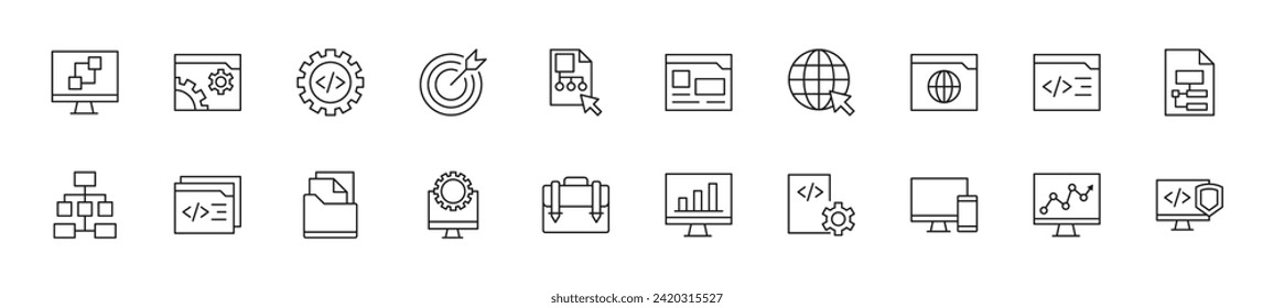 Collection of thin line icons of coding and programming. Linear sign and editable stroke. Suitable for web sites, books, articles