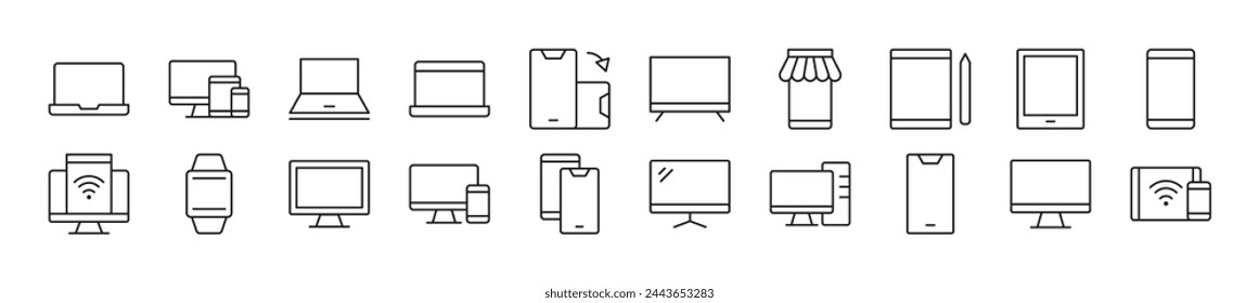 Colección de iconos de línea delgada de computadoras, teléfonos, computadoras portátiles. Trazo editable. Ilustración lineal simple para sitios web, periódicos, libros de artículos 
