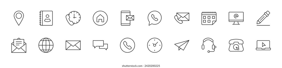 Collection of thin line icons of contact us. Linear sign and editable stroke. Suitable for web sites, books, articles