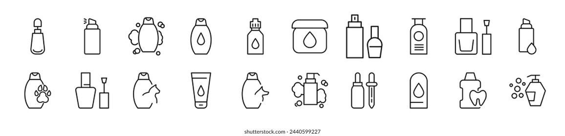 Collection of thin line icons of cosmetic bottle. Editable stroke. Simple linear illustration for web sites, newspapers, articles book 