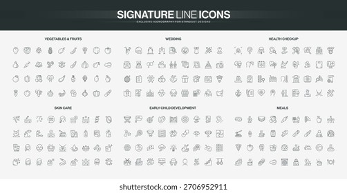Sammlung von dünnen Linien Symbole, die Gemüse, Obst, Hochzeit, Gesundheits-Check-up, Hautpflege, Kinderentwicklung und Mahlzeiten, geeignet für verschiedene Lifestyle-Themen einzelne Vektorgrafik
