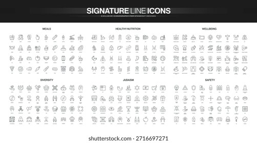 Coleção de ícones de linha fina que cobrem refeições, nutrição saudável, bem-estar, diversidade, judaísmo e temas de segurança, adequado para visualizar estilo de vida e conceitos culturais ilustração vetorial isolada