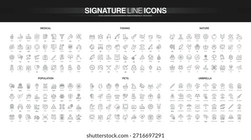 Coleção de ícones de linha fina cobrindo temas médicos, de pesca, natureza, população, animais de estimação e guarda-chuva, cada conjunto detalhado para diversas necessidades informativas e visuais ilustração de vetor isolado