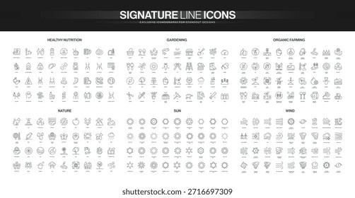 Colección de íconos de línea delgada que cubren nutrición saludable, jardinería, agricultura orgánica, naturaleza, sol y conceptos eólicos, adecuados para temas ecológicos, alimentarios y ambientales Ilustración vectorial aislada