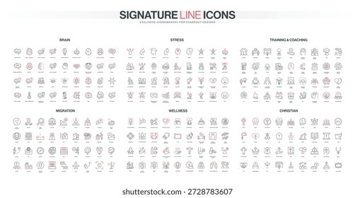 Colección de iconos de líneas delgadas que cubren temas cerebrales, de estrés, entrenamiento, migración, bienestar y cristianos, diseñados en un estilo rojo y negro mínimo, Ilustración vectorial aislada