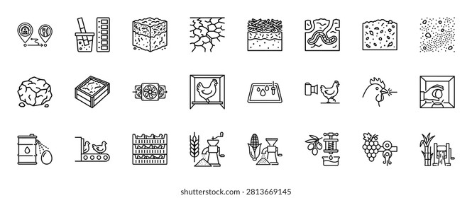 Collection of thin line icons covering agriculture sector includes soil analysis livestock farming harvesting equipment and food processing technology development