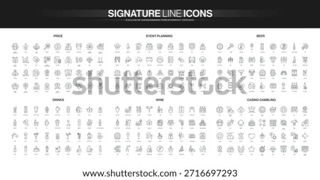 Collection of thin line icons covering price, event planning, beer, drinks, wine, and casino gambling themes, suitable for diverse business and leisure concepts isolated vector illustration
