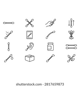 A collection of thin line icons depicting cotton swabs, ear cleaning tools, and related hygiene accessories.
