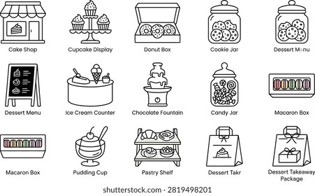 A collection of thin line icons depicting various sweets, bakery items, dessert shop equipment, and colorful packaging elements.