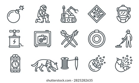 A collection of thin line icons depicting bomb disposal equipment, explosive ordnance, and safety gear for hazardous situations.