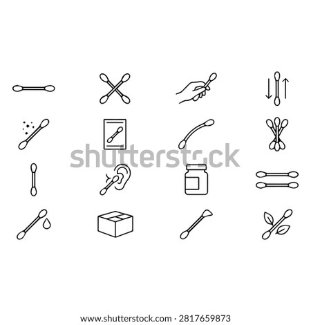 A collection of thin line icons depicting cotton swabs, ear cleaning tools, and related hygiene accessories.