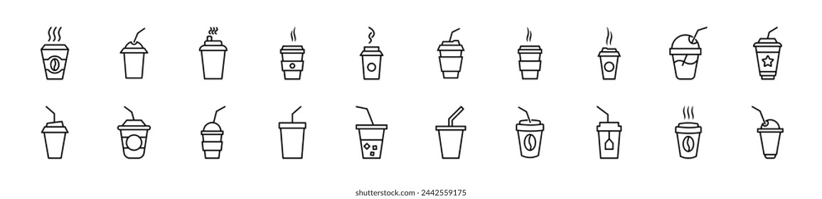 Collection of thin line icons of disposable cup. Editable stroke. Simple linear illustration for web sites, newspapers, articles book 