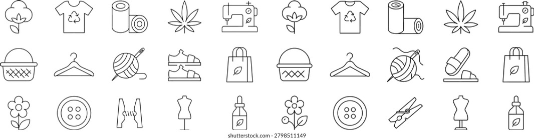 Collection of thin line icons featuring organic cotton plants hemp leaves recycled tshirts sewing machines and eco shopping bags. Set includes weaving tools fabric rolls fashion mannequins and natural button elements.