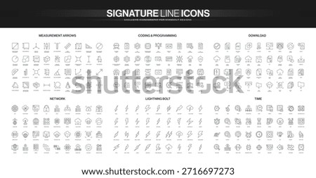 Collection of thin line icons featuring measurement arrows, coding, download, network, lightning, and time concepts in a modern minimal style isolated vector illustration