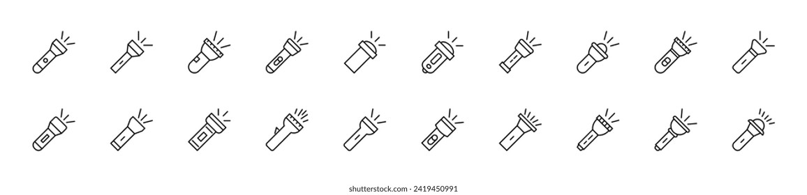 Collection of thin line icons of flashlight. Linear sign and editable stroke. Suitable for web sites, books, articles