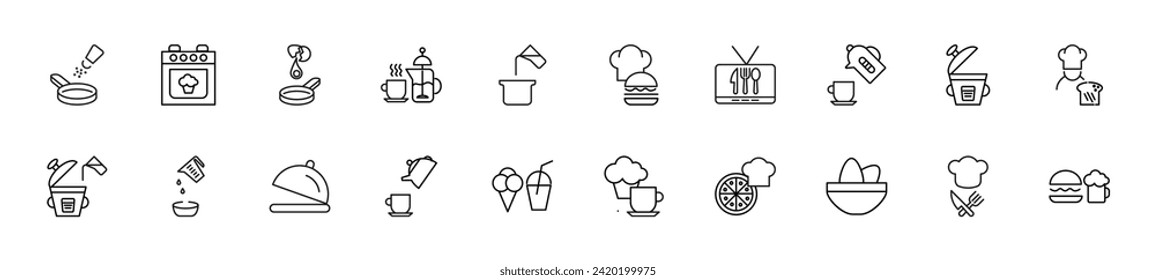 Collection of thin line icons of food and cooking. Linear sign and editable stroke. Suitable for web sites, books, articles