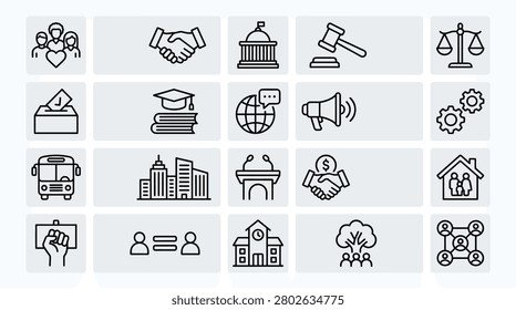 Collection of thin line icons for government services public policy community development civil rights legal system educational institutions social welfare urban infrastructure non profit organizations political campaigns social justice icons.