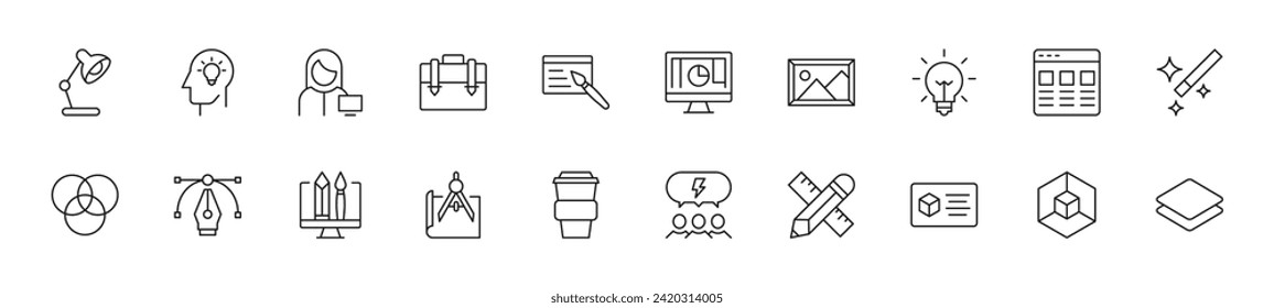 Collection of thin line icons of graphic and web designer. Linear sign and editable stroke. Suitable for web sites, books, articles