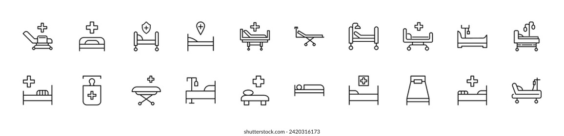 Sammlung von dünnen Linien Symbole der Krankenhausbett. Lineares Zeichen und bearbeitbarer Strich. Geeignet für Webseiten, Bücher, Artikel