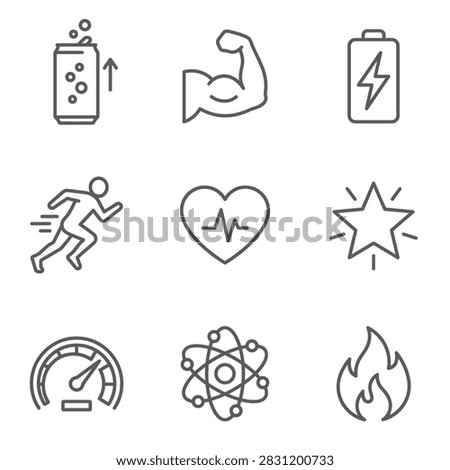 A collection of thin line icons including muscle arm energy drink battery running person heart rate star speedometer atom and fire symbols