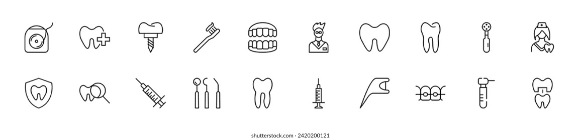 Collection of thin line icons of items related to teeth and dentistry. Linear sign and editable stroke. Suitable for web sites, books, articles