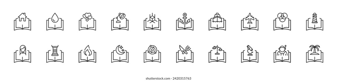 Collection of thin line icons of items over opened book. Linear sign and editable stroke. Suitable for web sites, books, articles