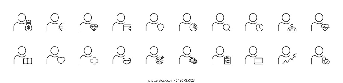 Colección de iconos de línea delgada de elementos por usuario sin rostro. Signo lineal y trazo editable. Adecuado para sitios web, libros, artículos