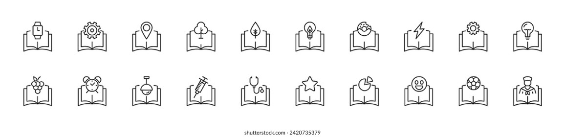Sammlung von Symbolen aus dünnen Linien von Gegenständen über Büchern. Lineares Zeichen und bearbeitbarer Strich. Geeignet für Webseiten, Bücher, Artikel