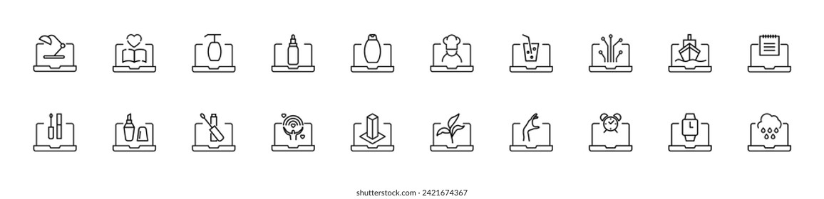 Collection of thin line icons of items over books. Linear sign and editable stroke. Suitable for web sites, books, articles