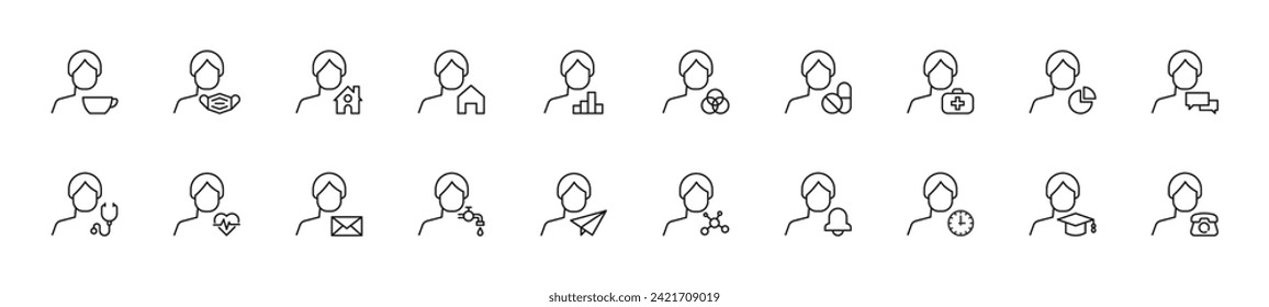 Collection of thin line icons of items by faceless man. Linear sign and editable stroke. Suitable for web sites, books, articles