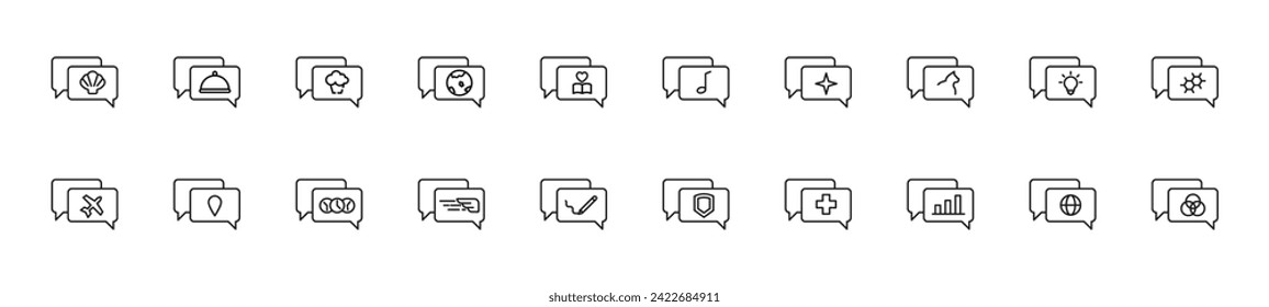 Collection of thin line icons of items inside of speech bubble. Linear sign and editable stroke. Suitable for web sites, books, articles