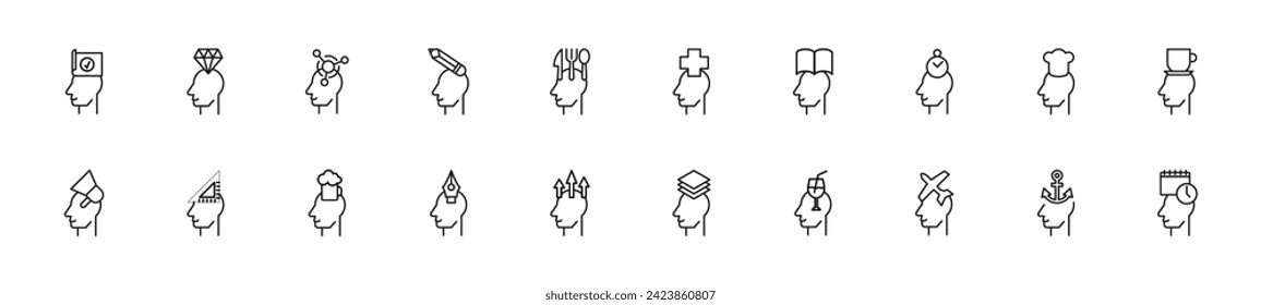 Sammlung von Symbolen für dünne Linien von Elementen über dem Kopf einer Person. Lineares Zeichen und bearbeitbarer Strich. Geeignet für Webseiten, Bücher, Artikel
