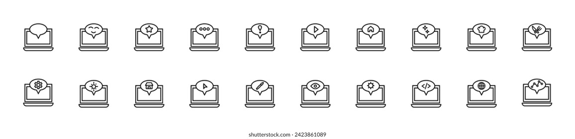 Colección de iconos de línea delgada de elementos por portátil. Signo lineal y trazo editable. Adecuado para sitios web, libros, artículos