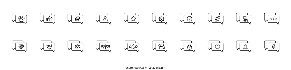 Colección de iconos de línea delgada de elementos dentro de una burbuja de voz. Signo lineal y trazo editable. Adecuado para sitios web, libros, artículos
