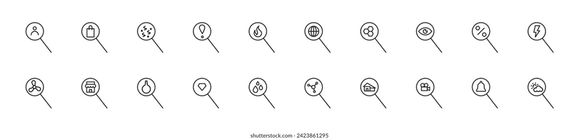 Collection of thin line icons of items inside of a magnifying glass. Linear sign and editable stroke. Suitable for web sites, books, articles