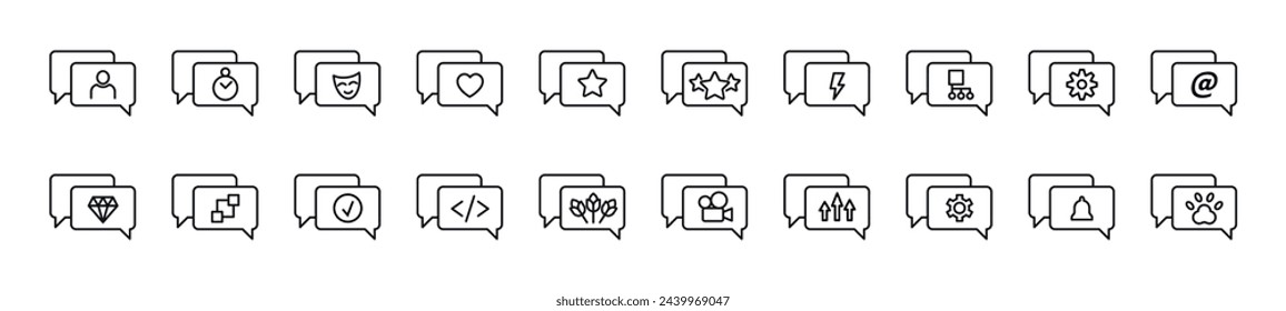 Colección de iconos de línea fina de elementos en burbujas de voz. Trazo editable. Ilustración lineal simple para sitios web, periódicos, libros de artículos 