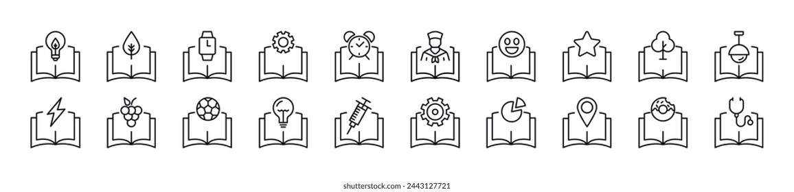 Collection of thin line icons of items over books. Editable stroke. Simple linear illustration for web sites, newspapers, articles book 