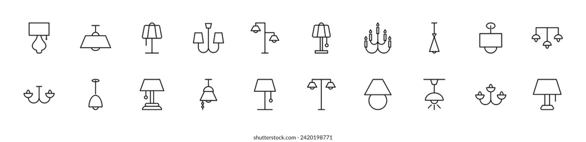 Collection of thin line icons of lamps and lustres. Linear sign and editable stroke. Suitable for web sites, books, articles