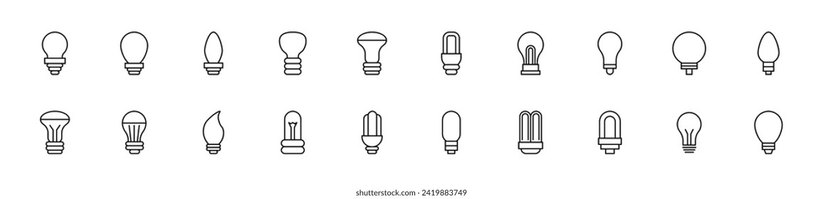Collection of thin line icons of light bulbs for various resources. Linear sign and editable stroke. Suitable for web sites, books, articles