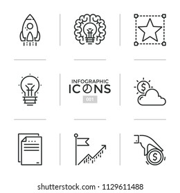 Collection of thin line icons or linear symbols - business growth, investment, startup company launch, money earning. Modern vector illustration for presentation, brochure, corporate website.