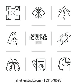 Collection of thin line icons or linear symbols - swot analysis, strength, business chain, strategic planning, modern thinking. Vector illustration for presentation, brochure, corporate website.