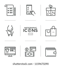 Collection of thin line icons or linear pictograms - smart shopping, electronic retail, internet store, buying or purchasing goods online. Modern vector illustration for presentation, website.