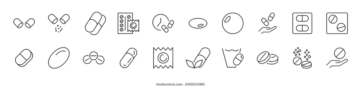 Collection of thin line icons of medication. Linear sign and editable stroke. Suitable for web sites, books, articles